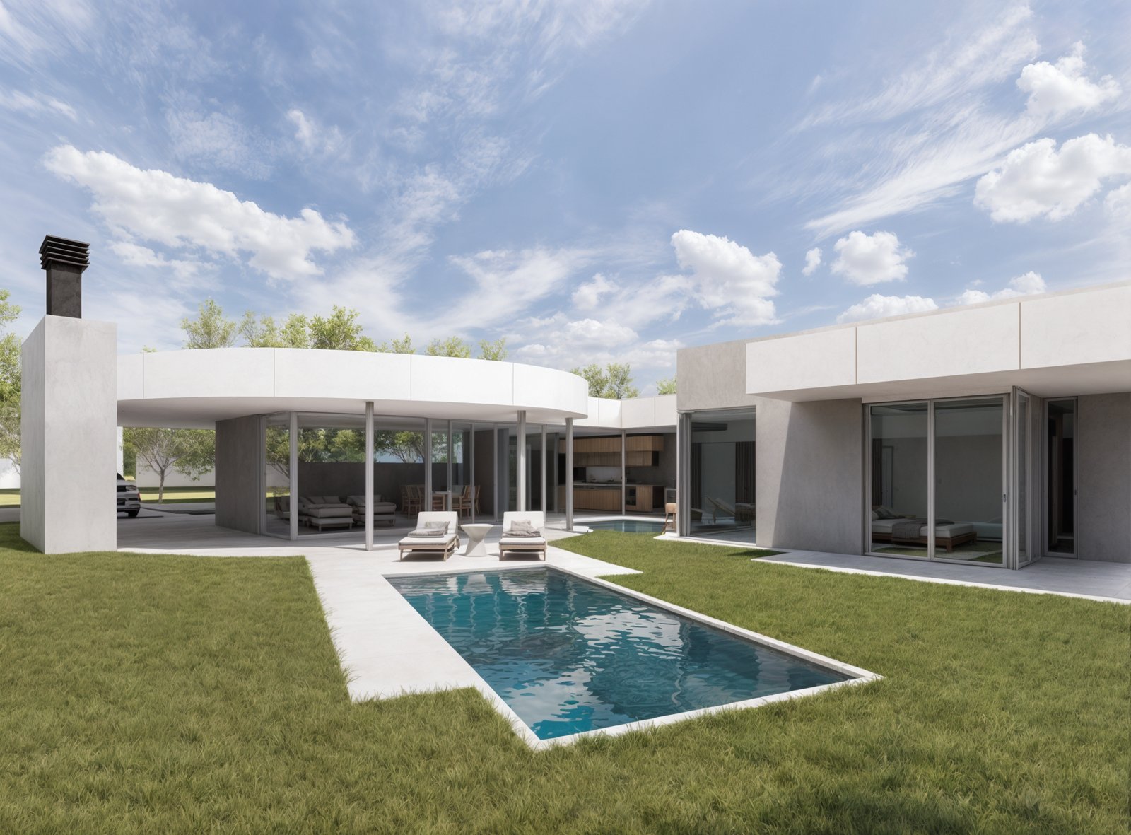 Fachada moderna de casa com piscina e design curvo — projeto Visualización. Vivienda en country, por condor estudio, em Mendoza