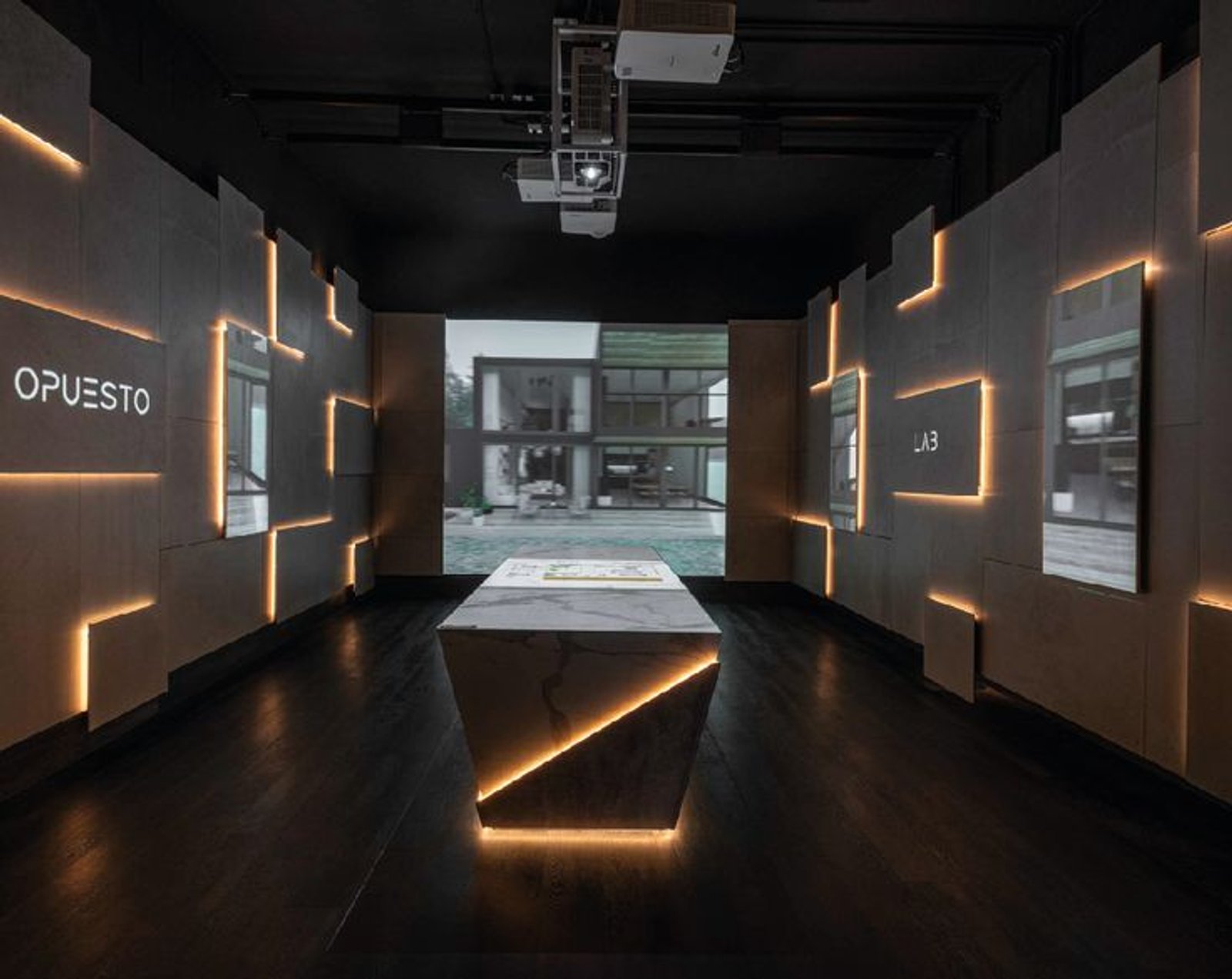 Local comercial moderno con luces LED y mostrador geométrico de mármol — proyecto Casa Foa Parque de la Innovación, por Vite Porcellanato, en Buenos Aires