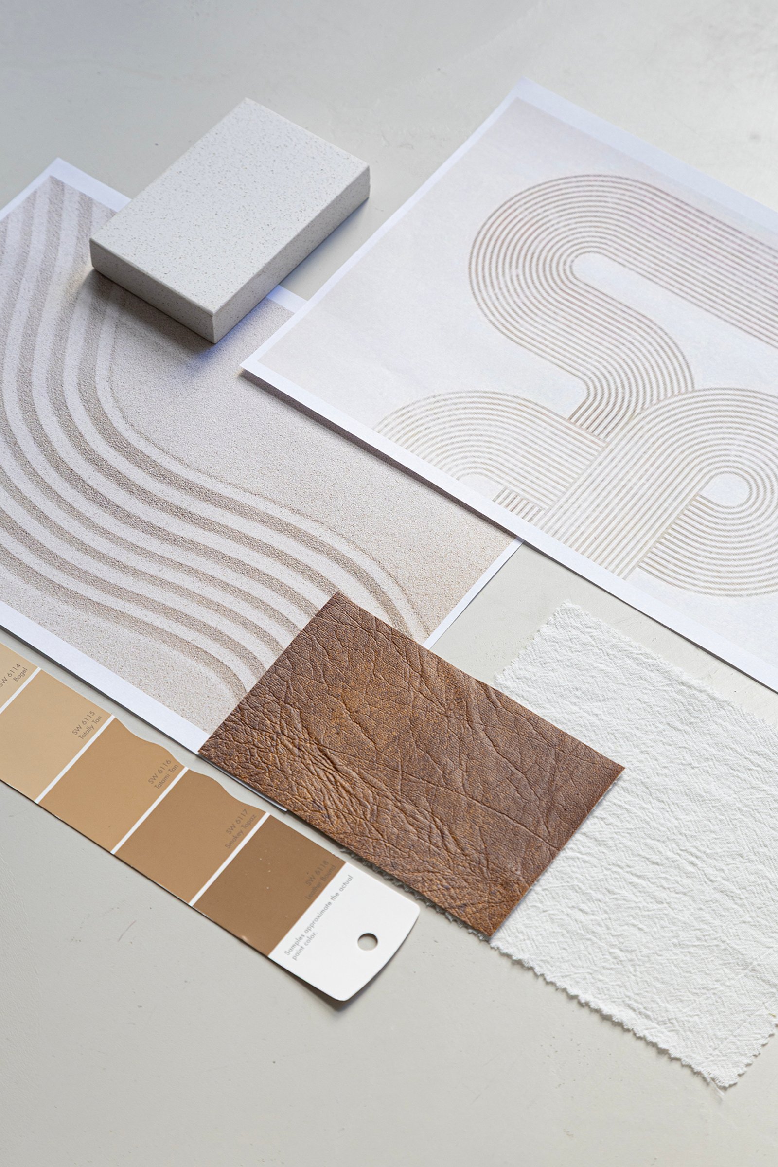 Amostras de materiais e impressões sobre fundo cinza — projeto HATSU Núñez - MZV Arquitectura, por Gaby Alfonso, em Buenos Aires