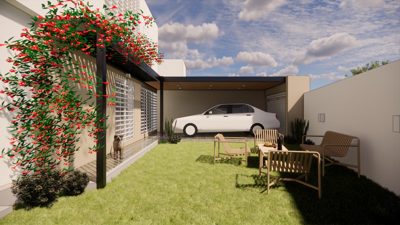 Patio moderno con pérgola, plantas rojas y auto estacionado — proyecto FACHADAS JS, por Todo con A, en X5125 Monte Cristo