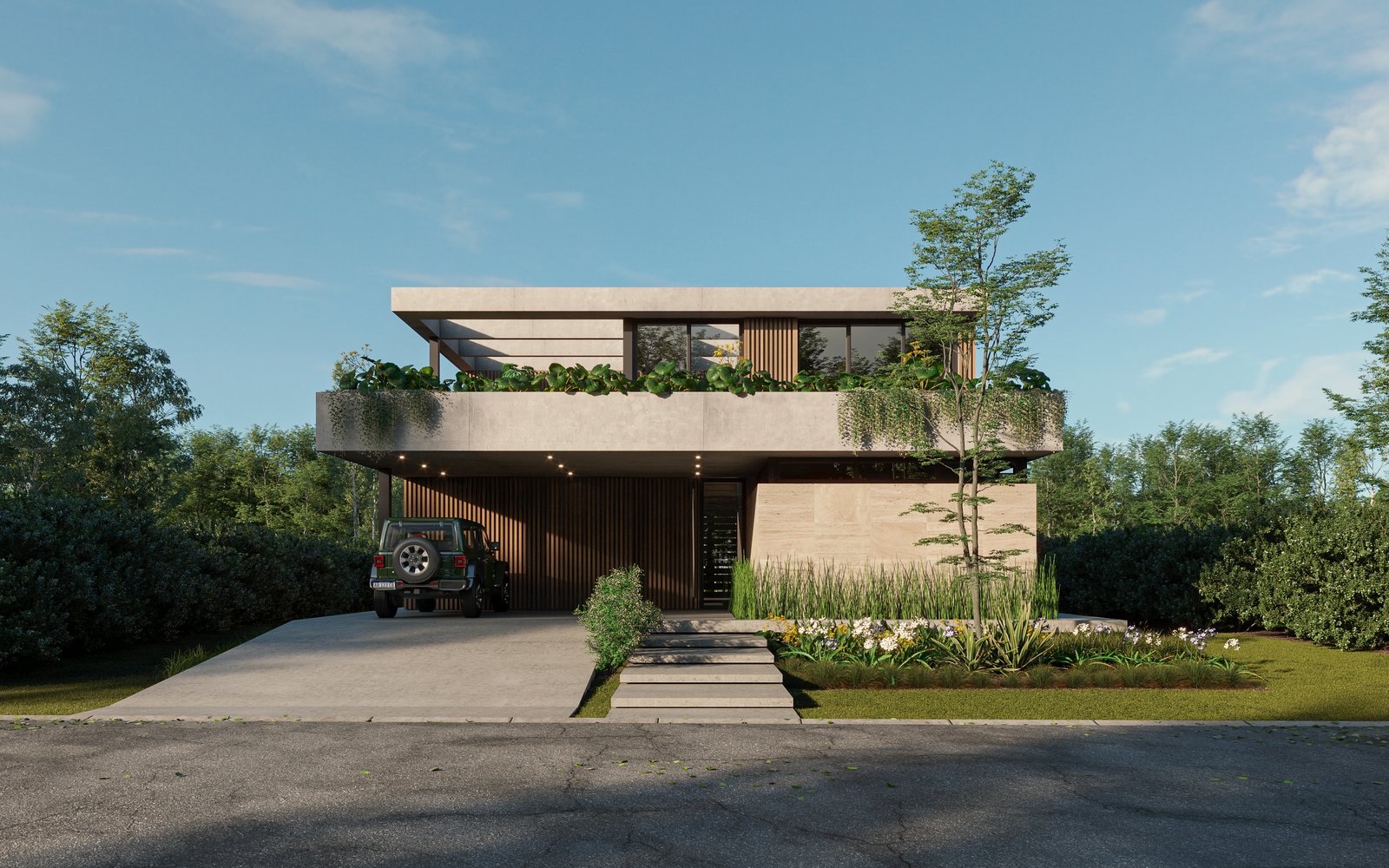 Fachada moderna com níveis em balanço e vegetação integrada — projeto Casa PUERTOS, por Grupo CRBN, em Provincia de Buenos Aires