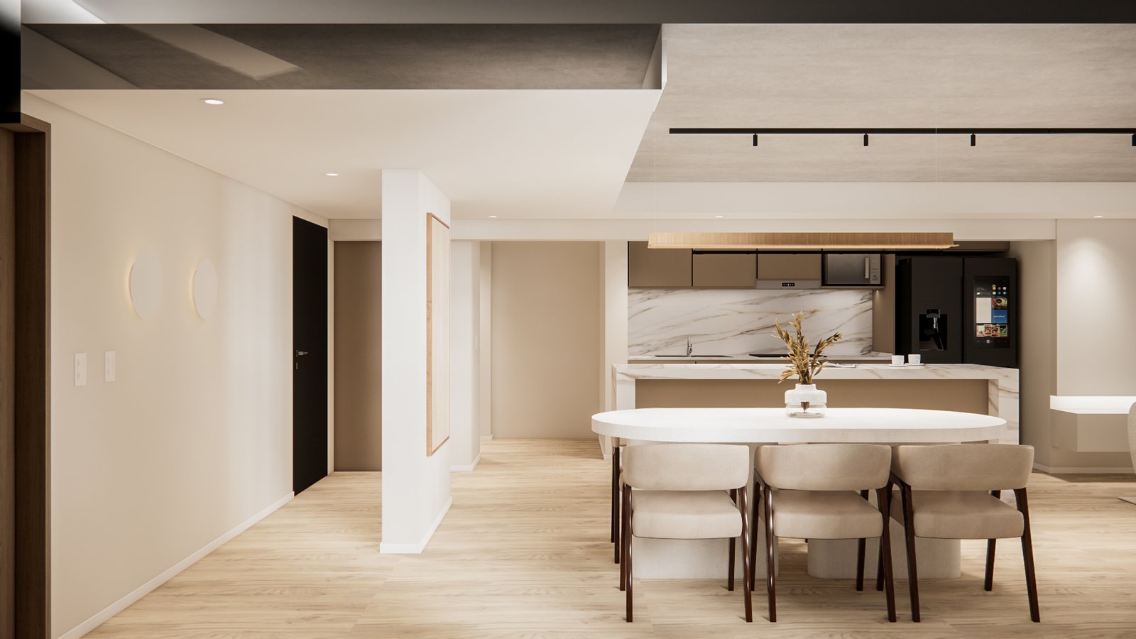 Sala de jantar escandinava moderna com ilha de cozinha — projeto Diseño para departamento acogedor y elegante, por Mela Deco Design, em Buenos Aires