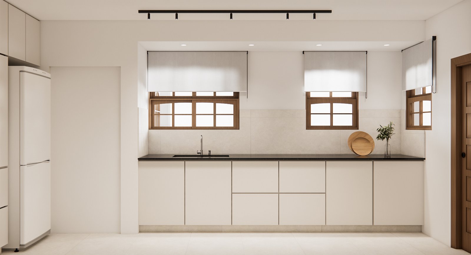 Cocina blanca minimalista con muebles integrados y mucha luz natural — proyecto Renovación total de moderno living comedor y cocina, por Mela Deco Design