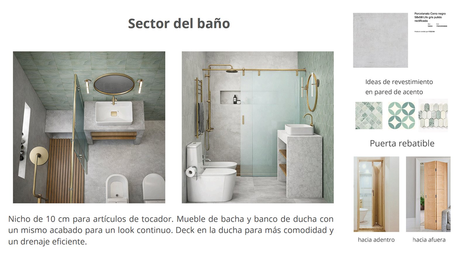 Banheiro moderno com box de vidro, metais dourados e detalhes em madeira — projeto A&A Dormi en Club de Campo, por LMA Estudio, em Provincia de Buenos Aires