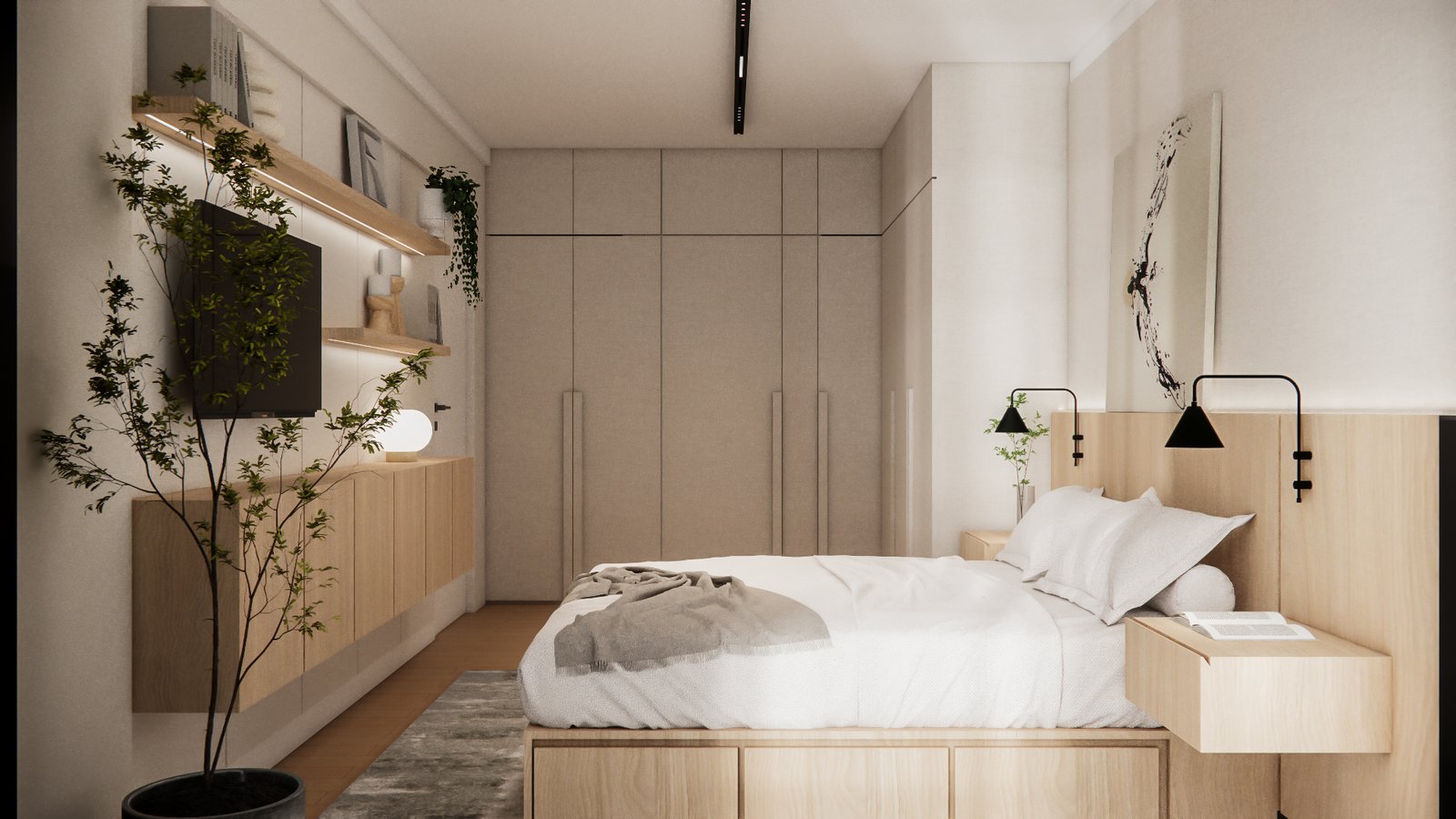 Quarto moderno com painéis de madeira e iluminação aconchegante — projeto Dormitorio principal con estética moderna, por Mela Deco Design