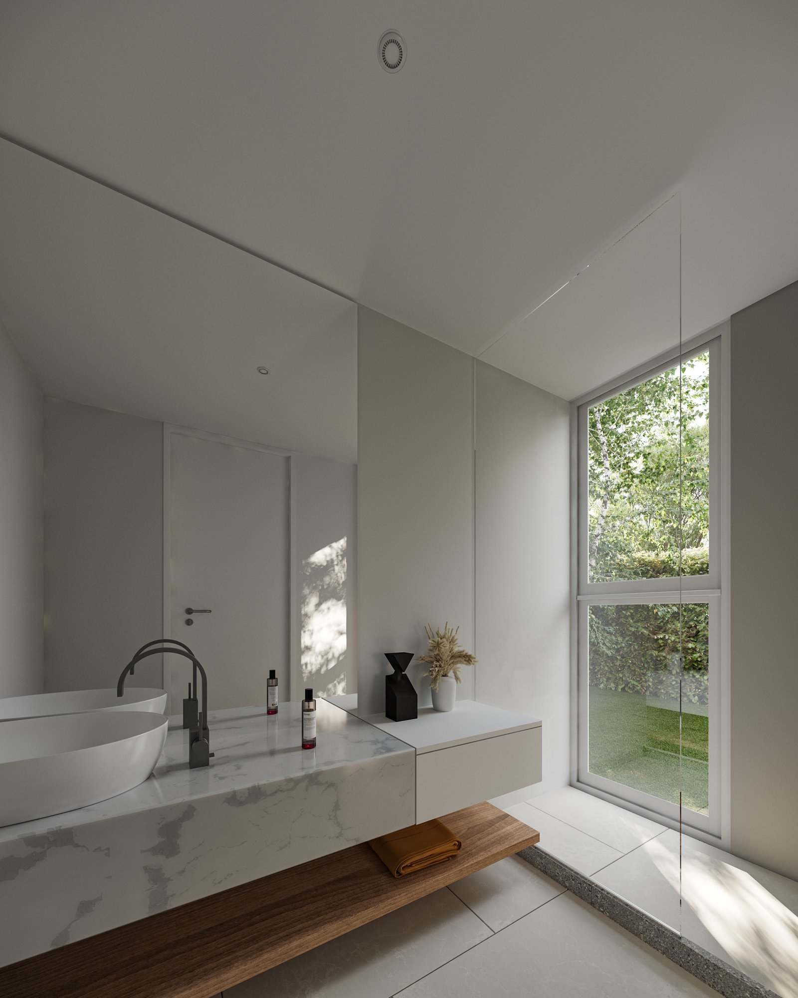 Baño moderno con ventana grande y vanitory flotante — proyecto Casa Z, por LW Lopez Wolder arquitectos, en Zárate