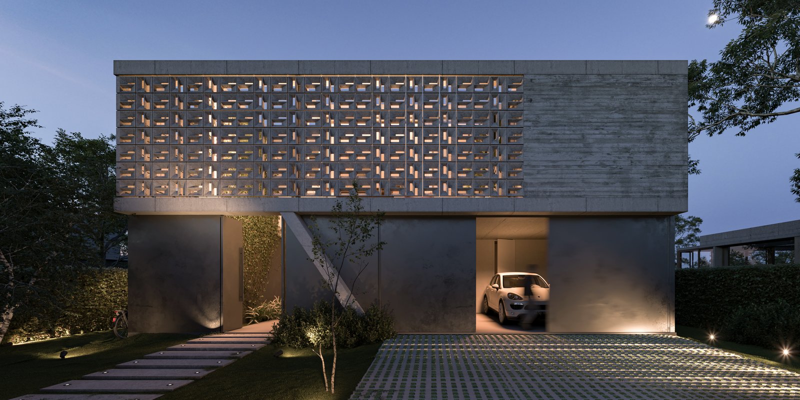Fachada moderna de concreto com blocos vazados decorativos — projeto Casa CÑ, por LW Lopez Wolder arquitectos, em Cañuelas