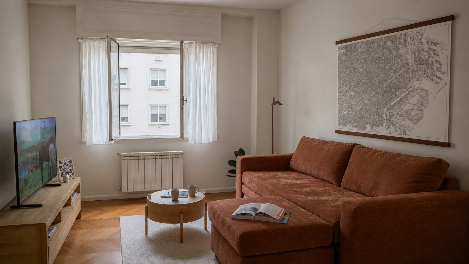 Sala de estar moderna com sofá vinho e detalhes em madeira — projeto Cordoba 1424, por Arq. Lugar, em Cdad. Autónoma de Buenos Aires