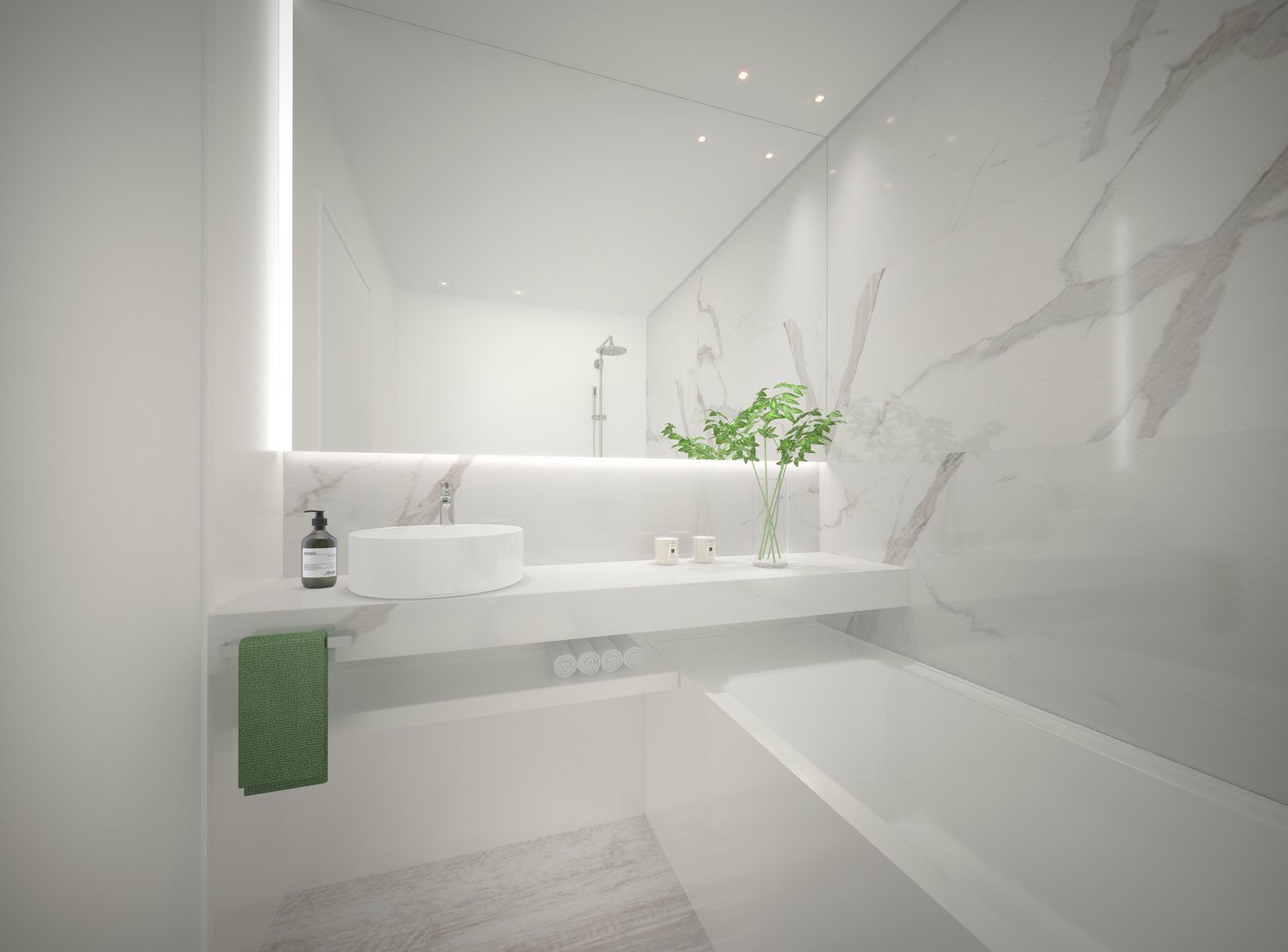 Baño moderno minimalista con detalles en mármol — proyecto Edificio Scalabrini, por LW Lopez Wolder arquitectos, en Av. Raúl Scalabrini Ortiz 550