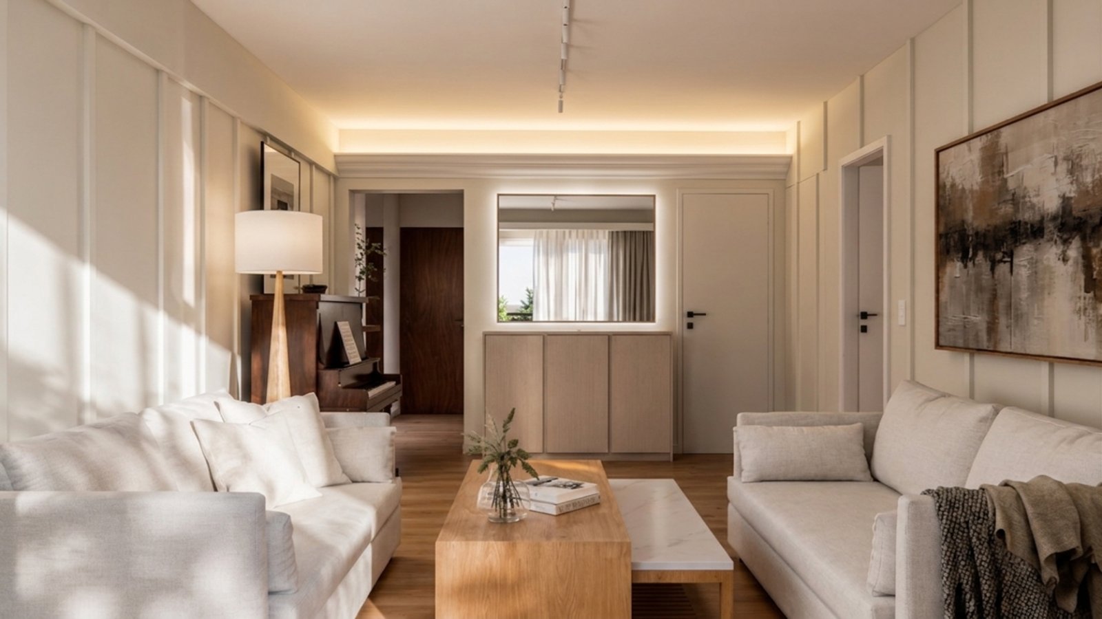 Sala de estar e jantar moderna com paredes paineladas e iluminação indireta — projeto Reforma departamento minimalista, por Mela Deco Design, em Buenos Aires