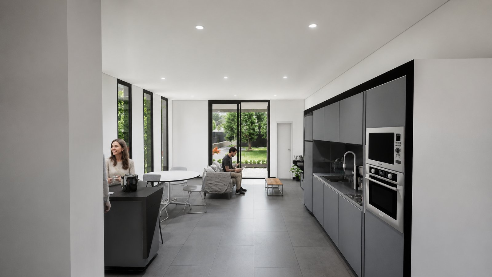 Cozinha e sala modernas integradas, minimalistas, com ilha e muita luz — projeto Proyecto Jorval, por WILSON ARQUITECTURA, em Moreno