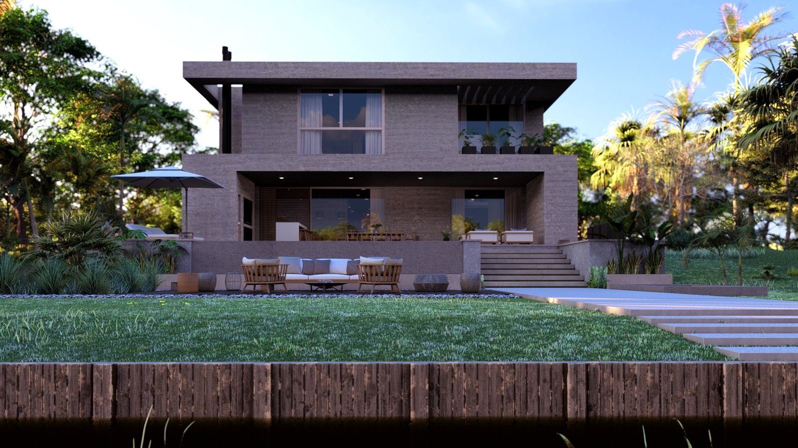 fachada moderna con deck y vegetación frondosa — proyecto Casa AC, por Hermann Arquitectos, en Nordelta