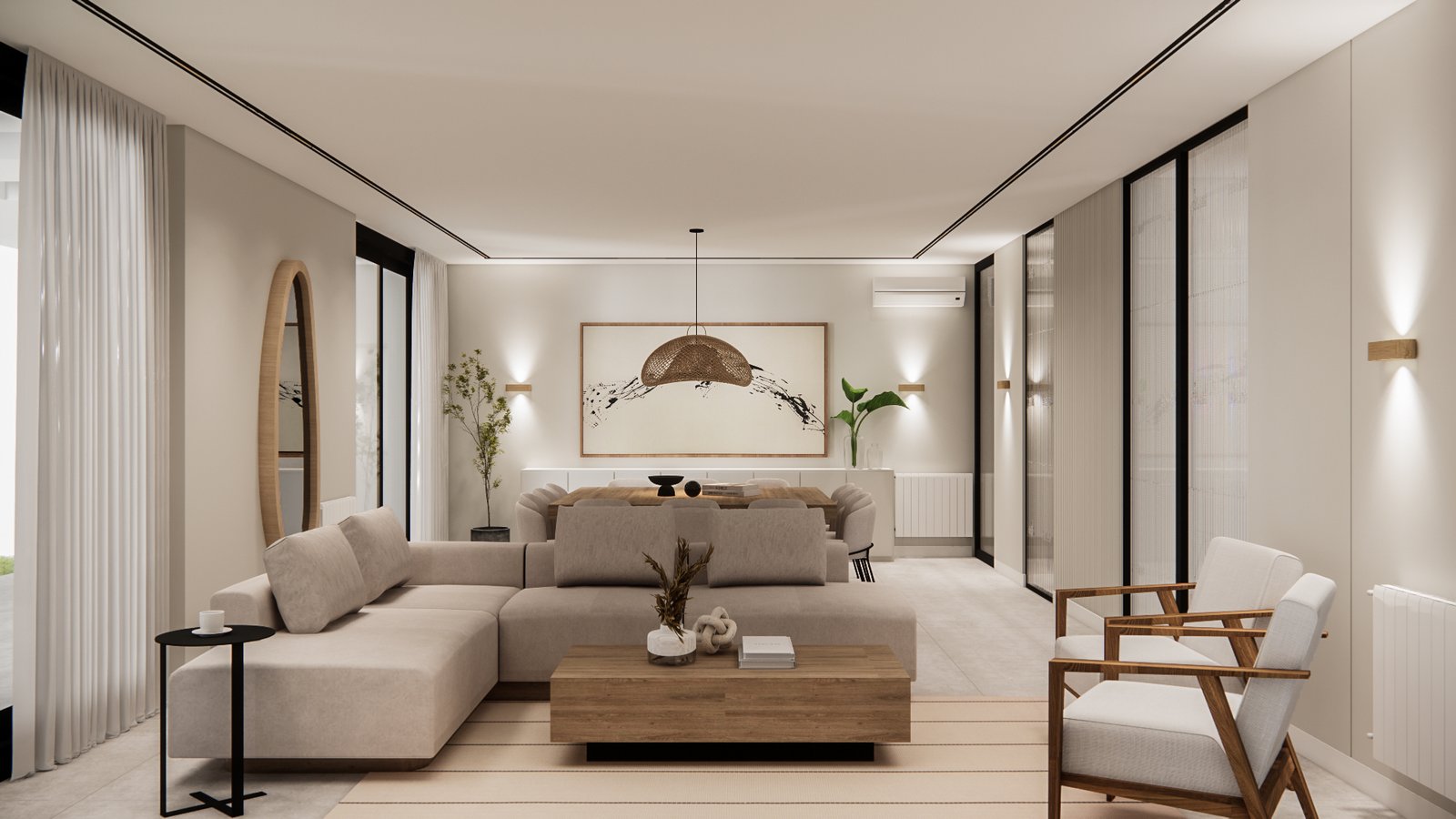 Living moderno escandinavo con sofá modular y mucha luz — proyecto Casa moderna con espacio de cocina integrada, por Mela Deco Design, en Buenos Aires