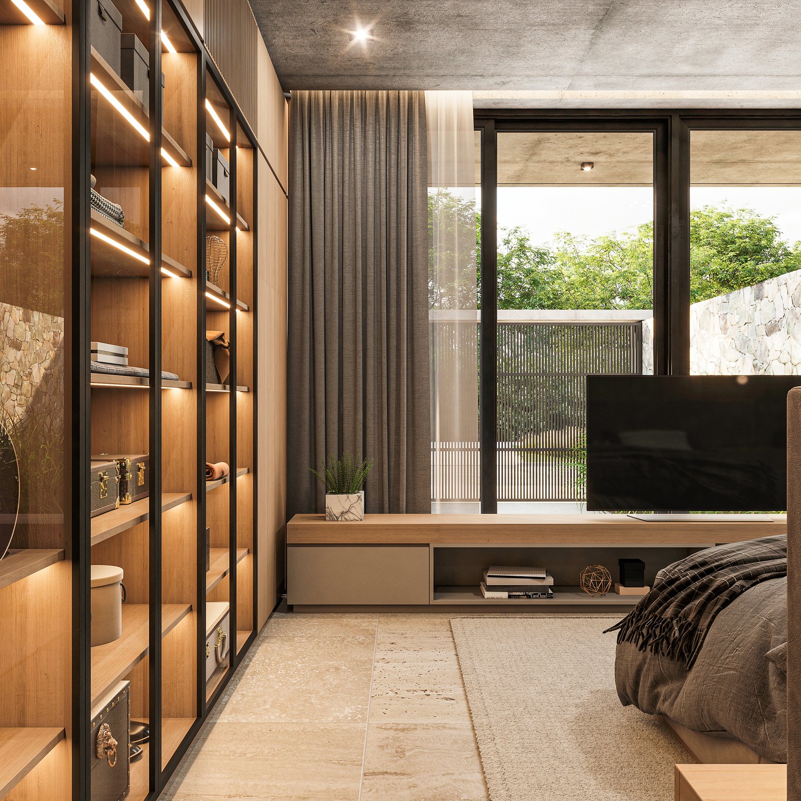Living moderno con estanterías de madera y minimalismo — proyecto Casa MITO, por Grupo CRBN, en Ituzaingó