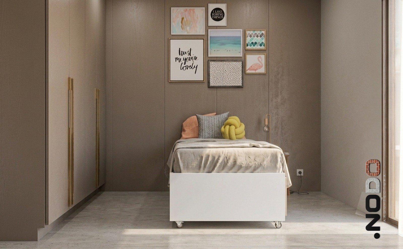 Dormitorio moderno con arte minimalista y almacenamiento integrado — proyecto Casa MC, por Punto Nodo arquitectura , en Chaco