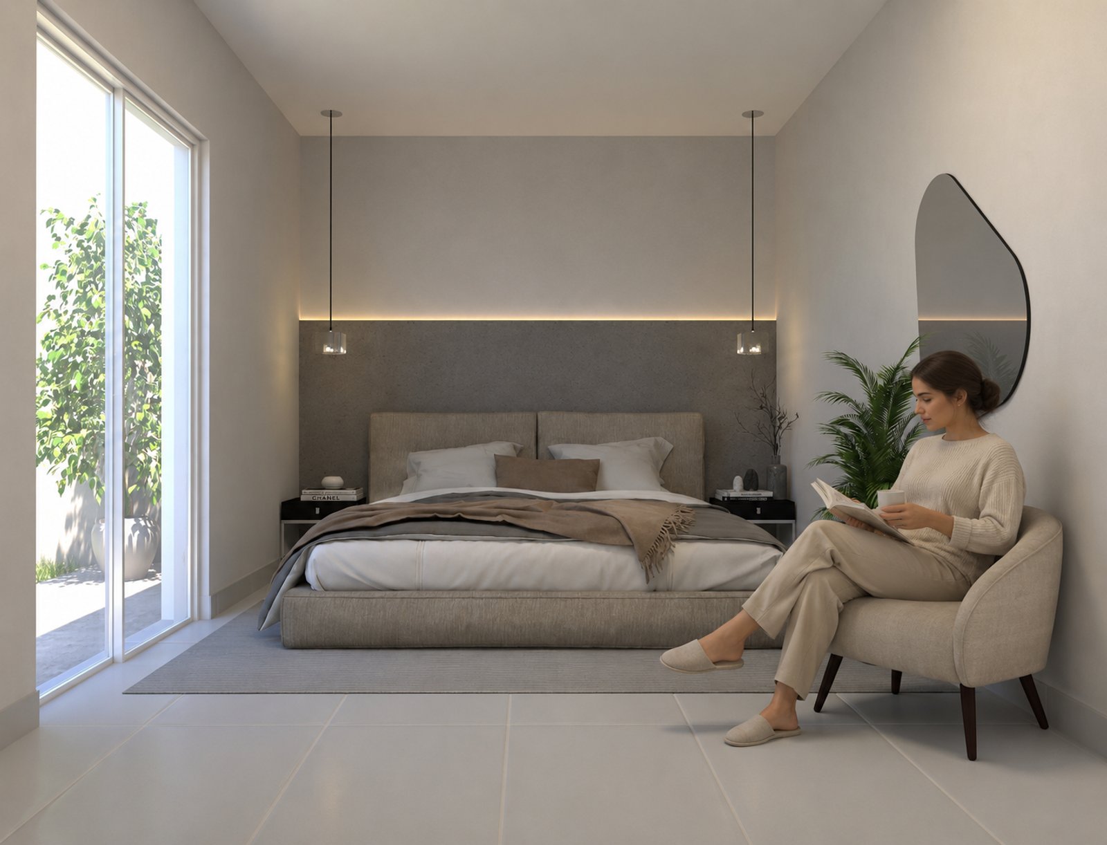 Dormitorio moderno con sillón curvo y luz indirecta — proyecto Edificio de departamentos con resto Bar en roftop., por Arquitecto Gustavo Maidana, en Caá Catí