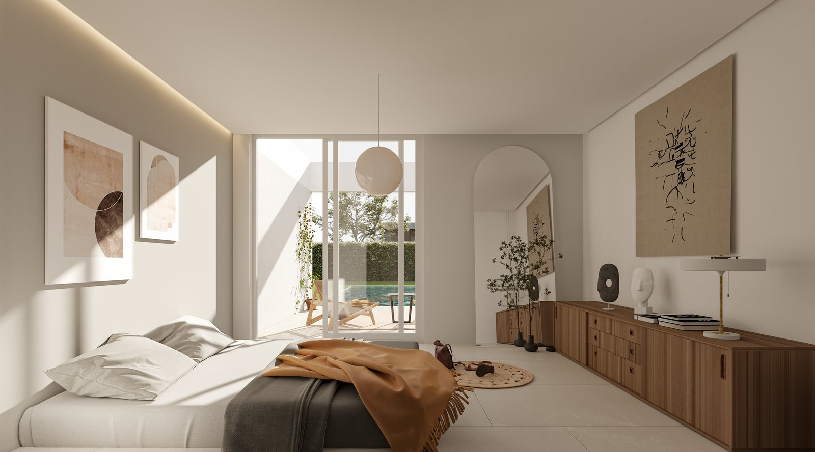 Quarto moderno com toques boêmios e iluminação natural — projeto Casa Z, por LW Lopez Wolder arquitectos, em Zárate