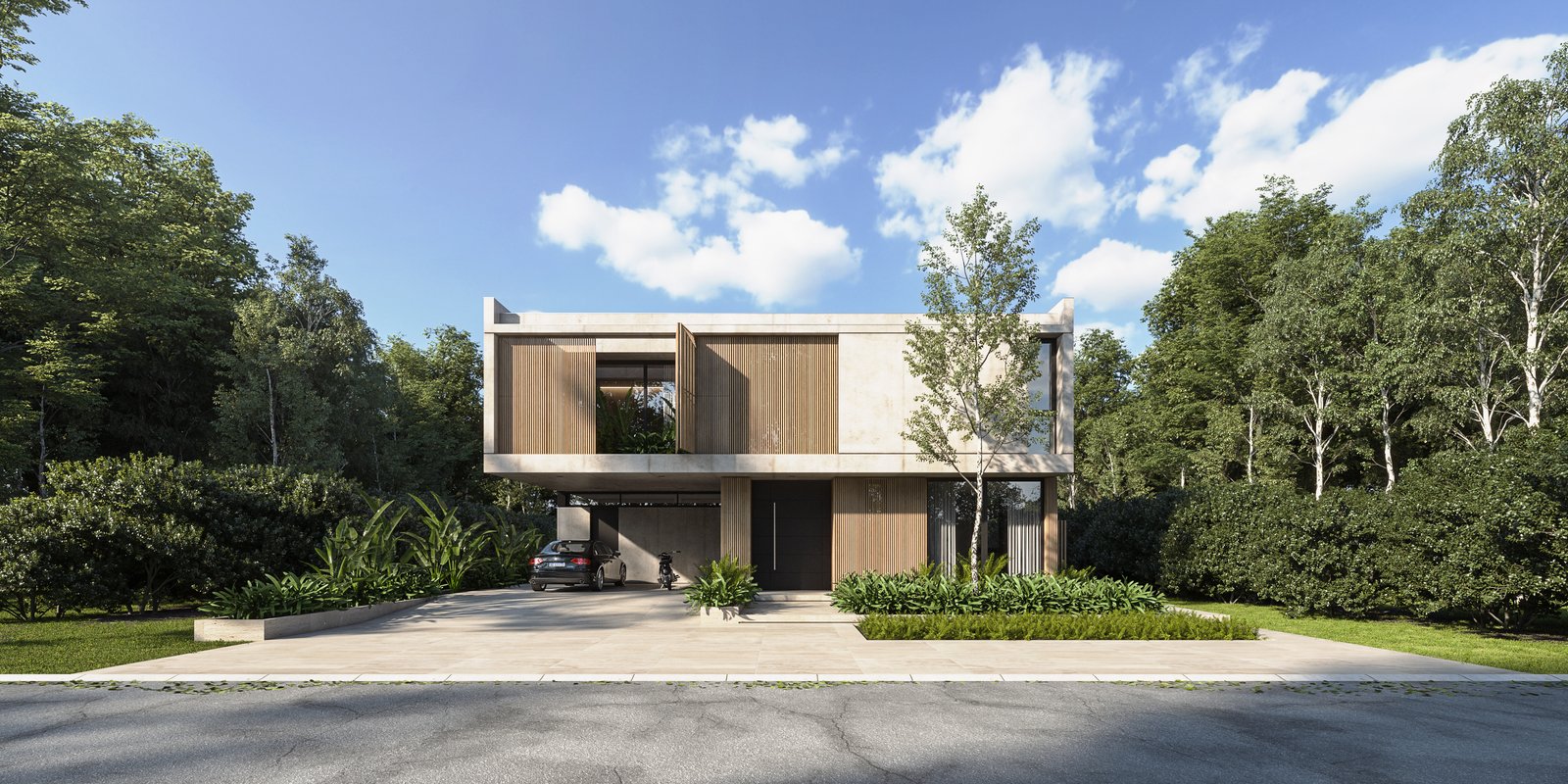 Fachada de casa moderna en bosque con revestimiento de madera — proyecto Casa TERRA, por Grupo CRBN, en Los Robles 5901