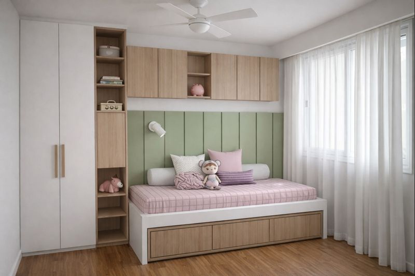 Quarto moderno com cama plataforma e armazenamento embutido — projeto Dormitorio infantil, por Casa Fi, em Villa Devoto