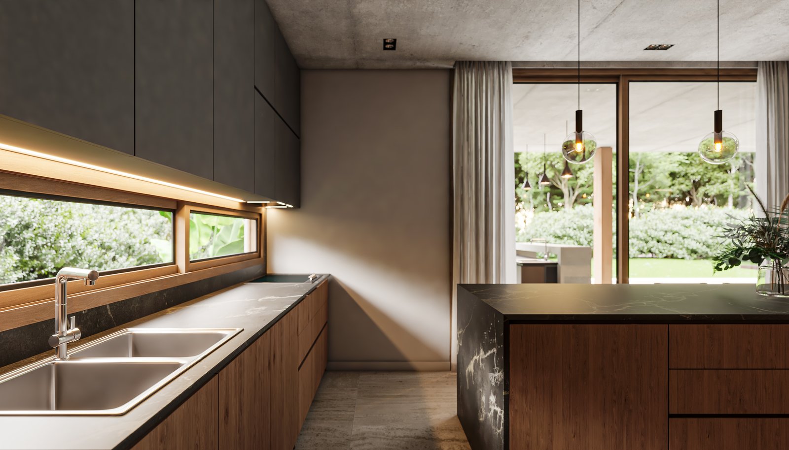 Cocina moderna de madera y concreto con grandes ventanales — proyecto Casa BRAVA, por Grupo CRBN, en Alejandro Korn