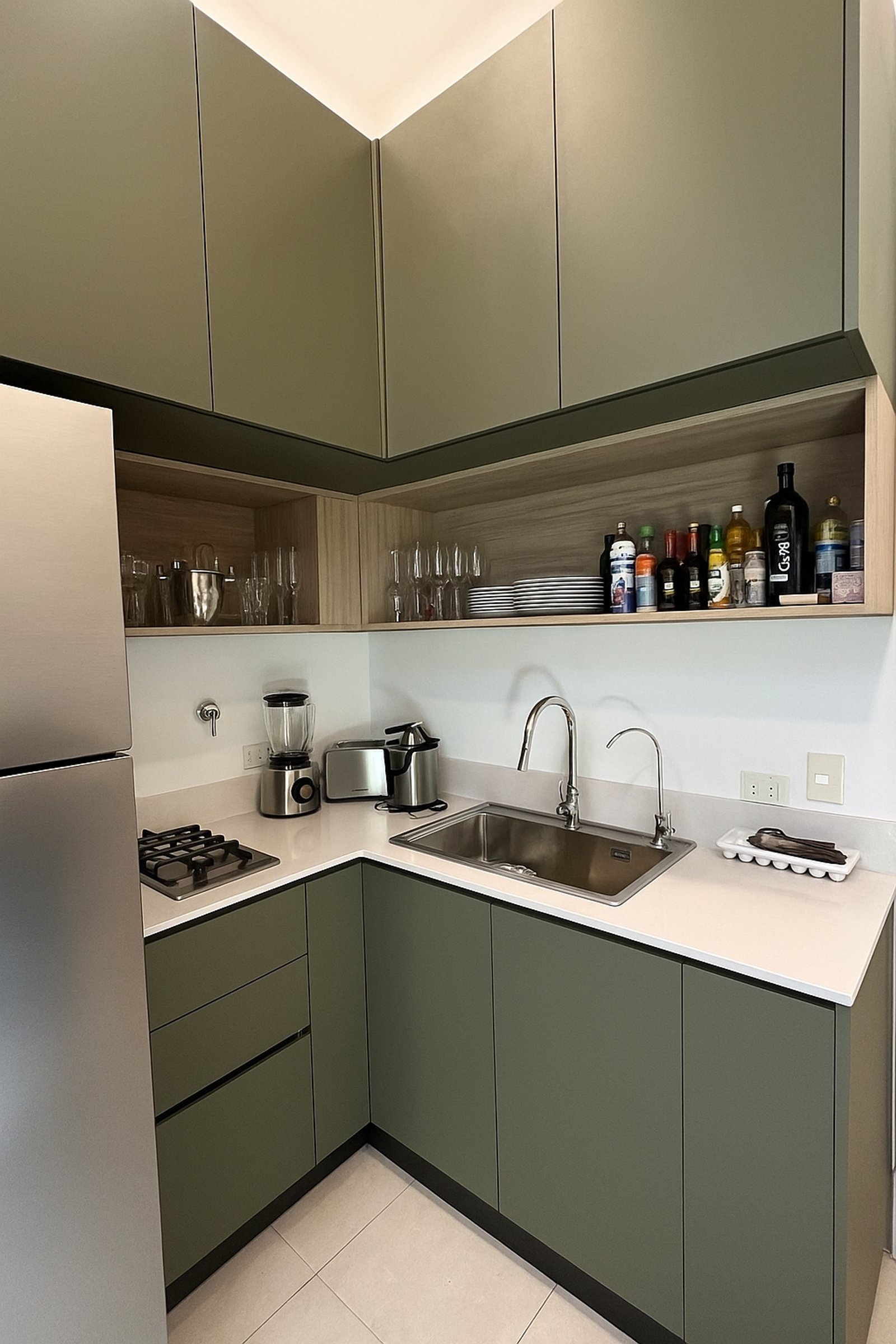 Cocina moderna con gabinetes verdes y estantes abiertos — proyecto MONTEVIDEO, por Estudio RG, en Recoleta