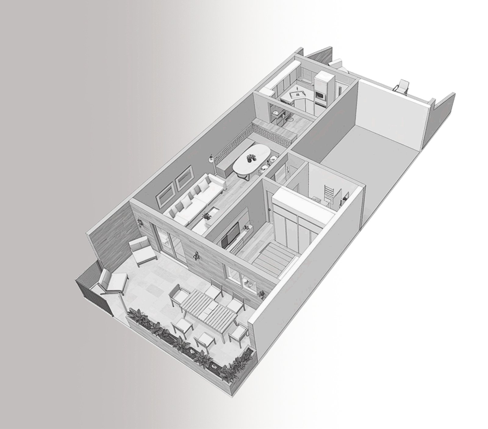 Living moderno con isla de cocina y patio exterior — proyecto A&A Dormi en Club de Campo, por LMA Estudio , en Provincia de Buenos Aires