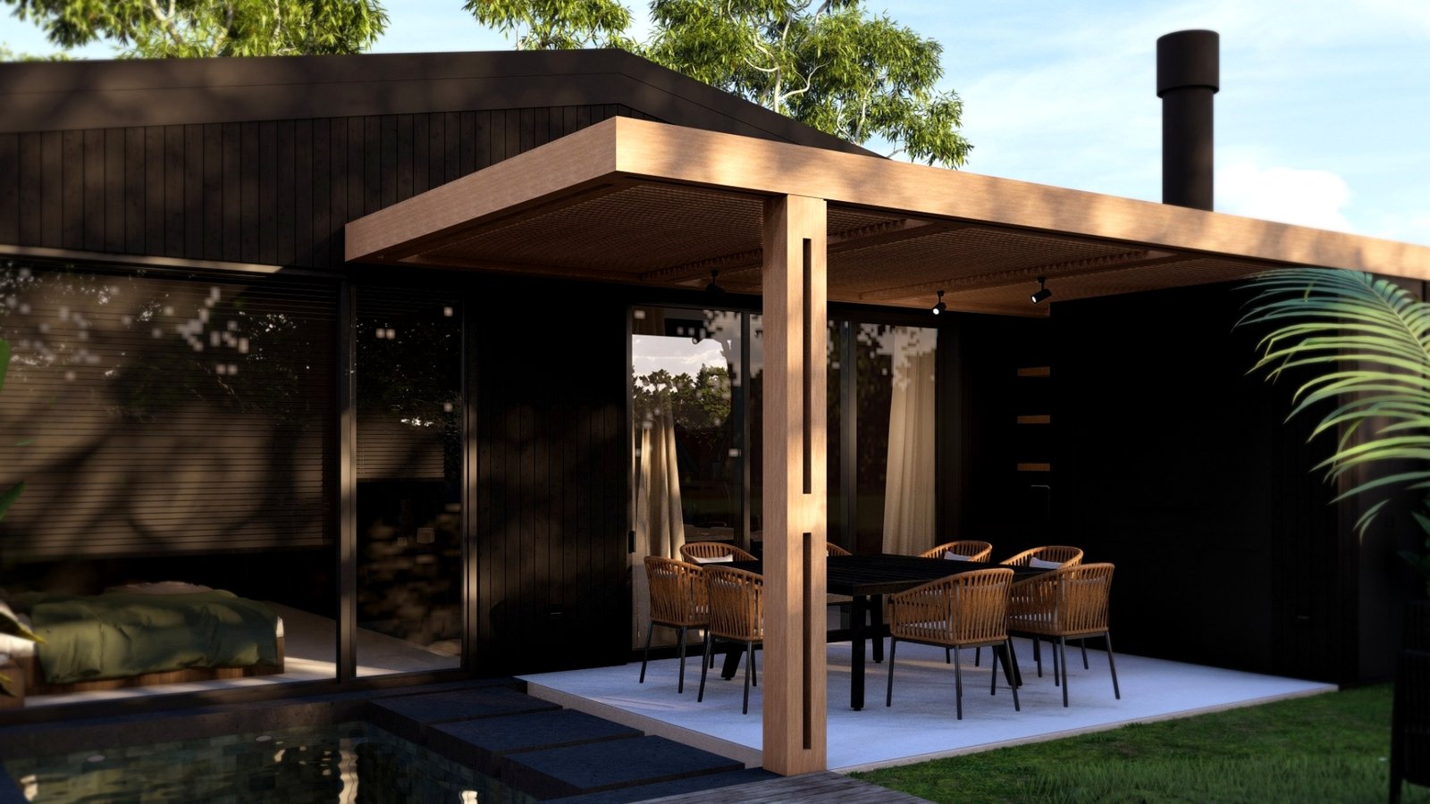 Fachada moderna con pérgola de madera y mobiliario exterior — proyecto Casa LC , por Hermann Arquitectos, en San Isidro