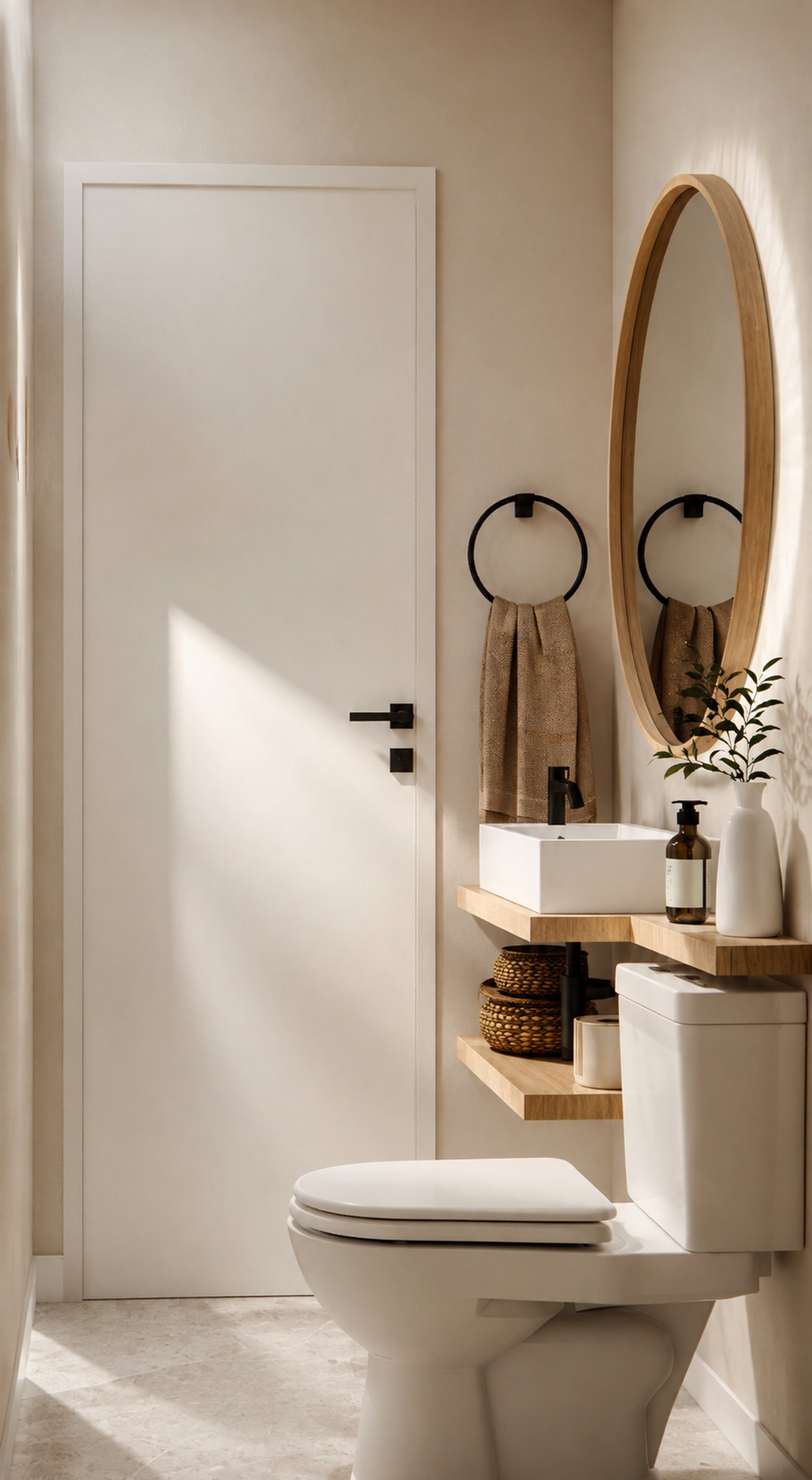 Banheiro escandinavo moderno com porta branca e detalhes em madeira — projeto Diseño de casa estilo japandi, por Mela Deco Design, em Belén de Escobar