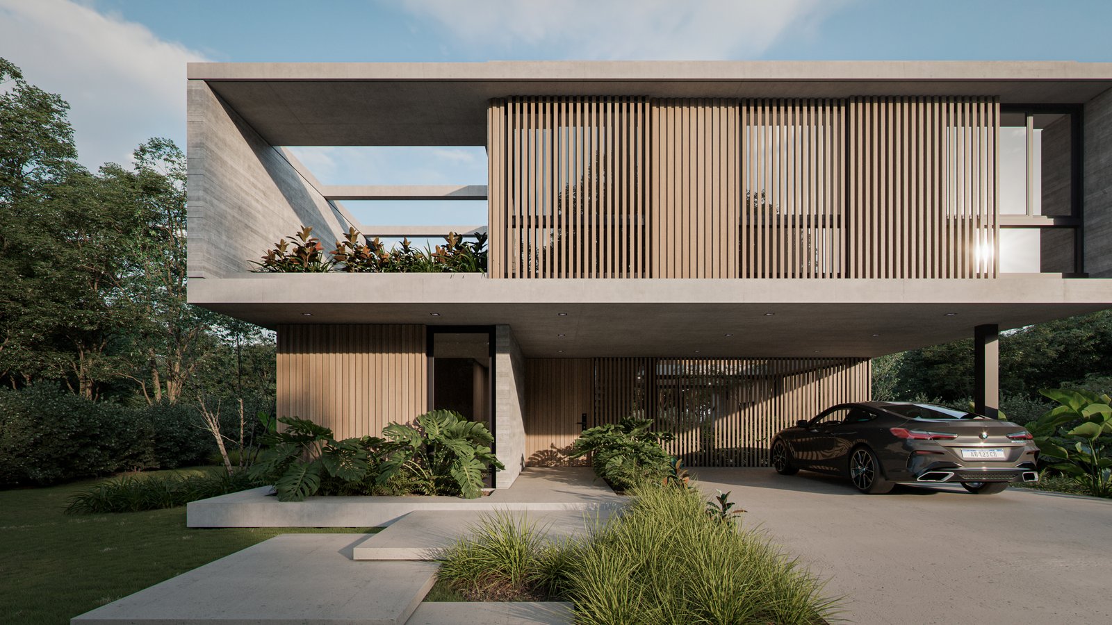 Casa moderna com balanço de concreto e madeira — projeto Casa BEAT, por Grupo CRBN, em Av. de los Lagos 1815