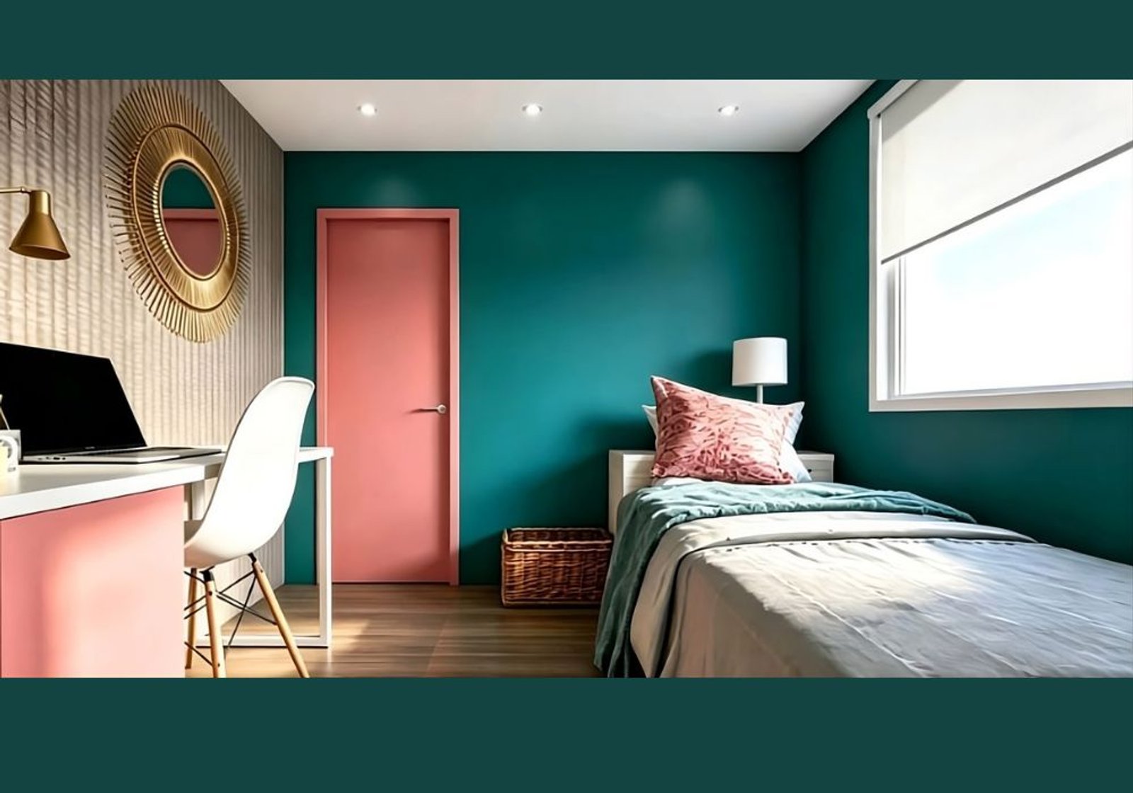 Quarto moderno com parede azul-petróleo e porta rosa — projeto Habitación Infantil 3 x 3, por FA DISEÑO Y AMBIENTACION, em Bahía Blanca