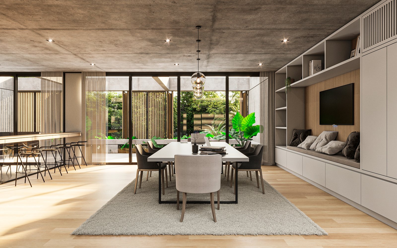 comedor y oficina moderno con techo de hormigón y ventanales — proyecto Casa MITO, por Grupo CRBN, en Ituzaingó