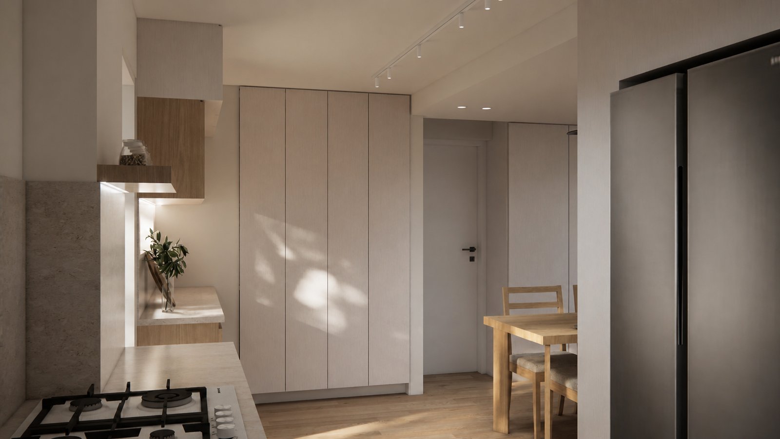 Cozinha e sala de jantar moderna escandinava minimalista com luz natural — projeto Reforma departamento minimalista, por Mela Deco Design, em Buenos Aires