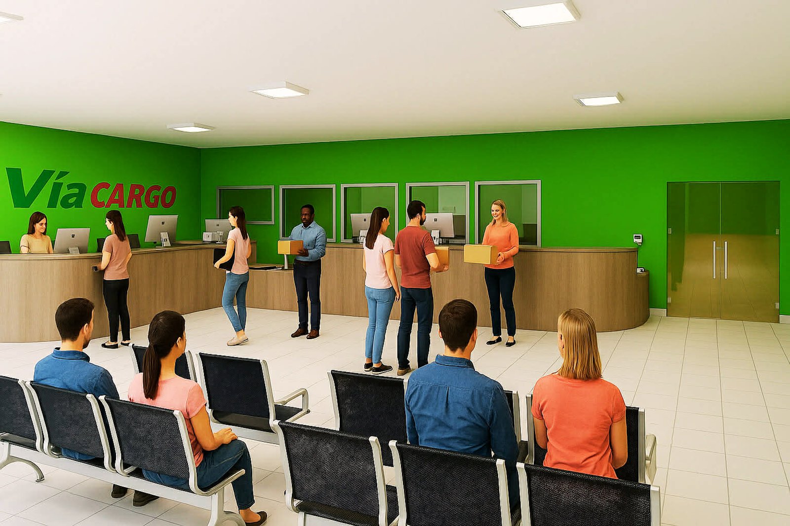 local de encomiendas con diseño moderno y pared verde — proyecto Sucursal Via Cargo, filial Corrientes, Empresa de distribución y logística., por Arquitecto Gustavo Maidana, en Cor