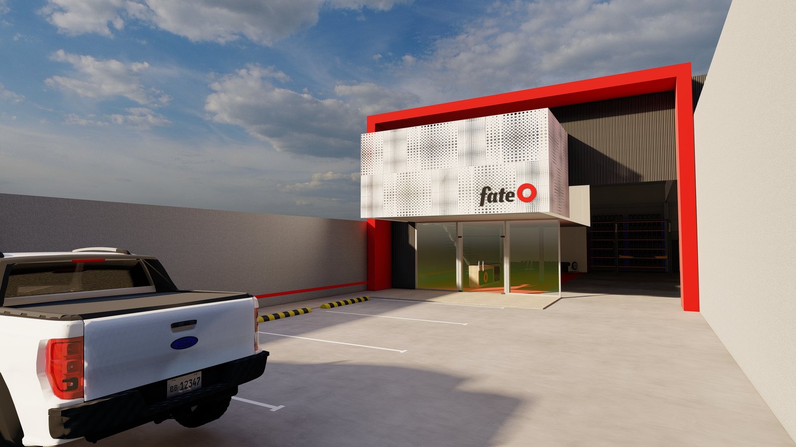 fachada comercial moderna con marco rojo y paneles texturizados — proyecto NAVE COMERCIAL, por ML ARQUITECTURA / ARQ. MARIANO LEOTTA, en San Juan