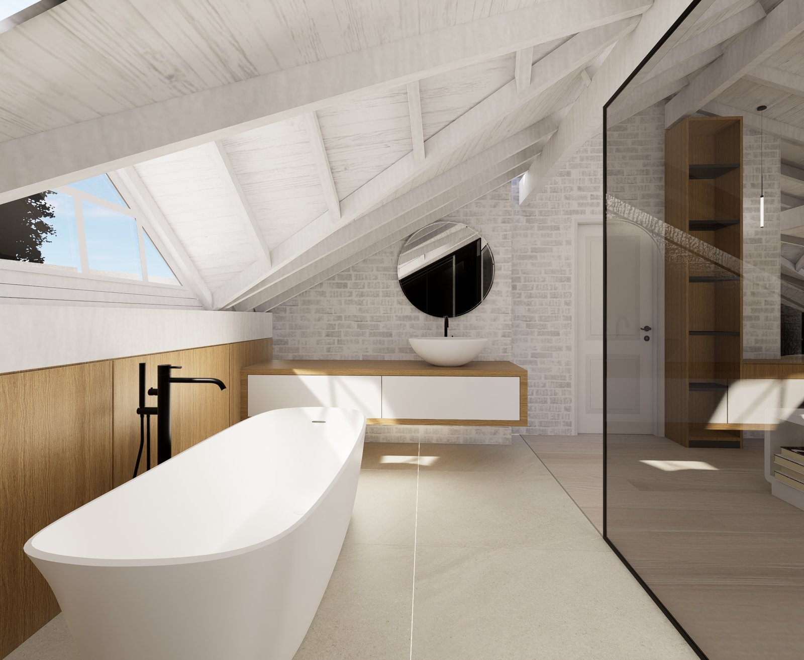Banheiro escandinavo moderno com banheira freestanding e teto inclinado de madeira — projeto Jocker, por Plasma co, em Ezeiza