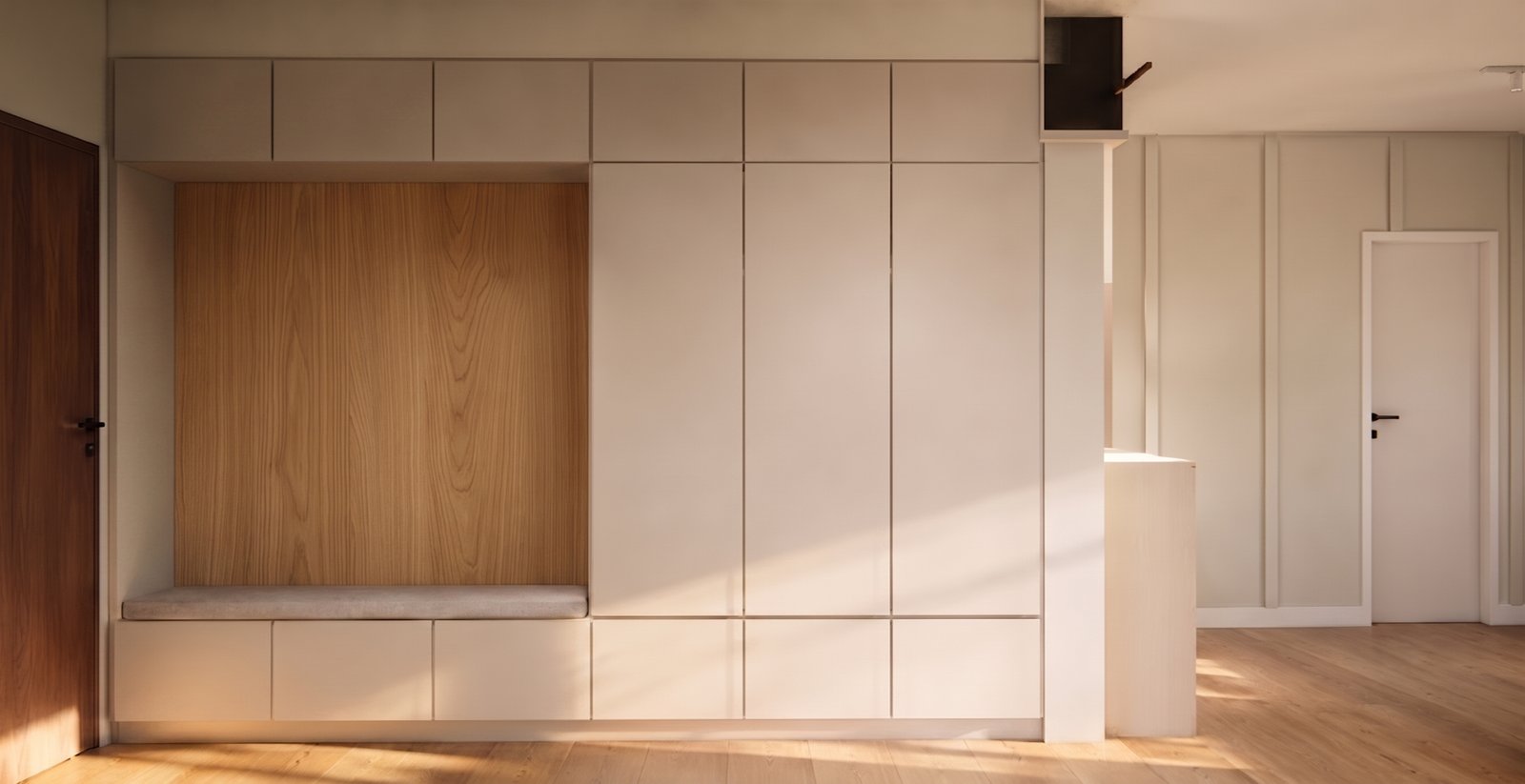 hall de entrada moderno con bancos y almacenamiento empotrado — proyecto Reforma departamento minimalista , por Mela Deco Design, en Buenos Aires