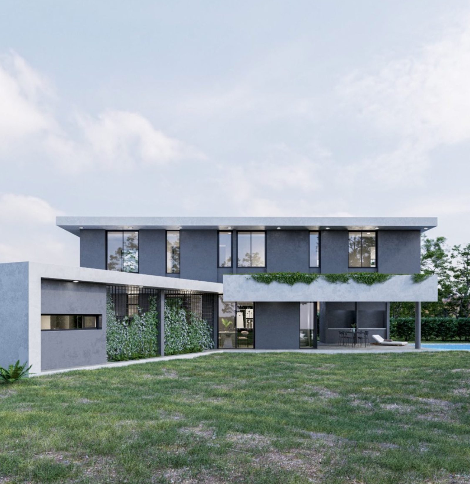 Fachada moderna gris con ventanas amplias y pared verde — proyecto Casa San Sebastián., por Arcucci Arquitectura, en José Hernández 6498 (continuación