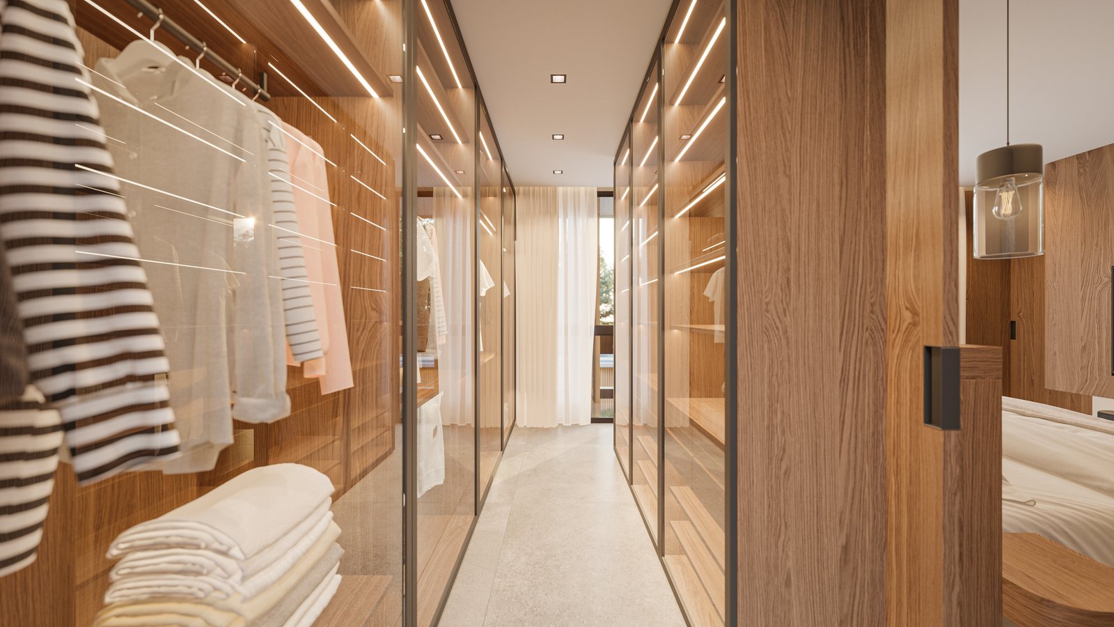 Pasillo de vestidor moderno con puertas de vidrio y madera natural — proyecto Casa IZA, por Grupo CRBN, en Villa Urquiza