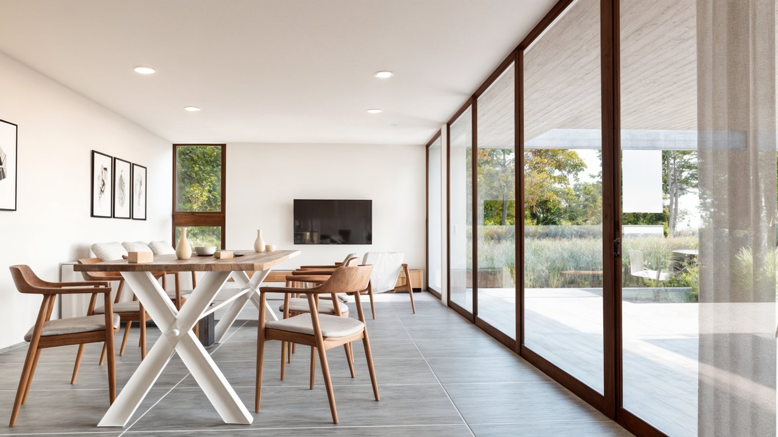 Comedor moderno abierto con grandes ventanales y vista al campo — proyecto Casa Magallanes, por Zima Arquitectura, en City Bell