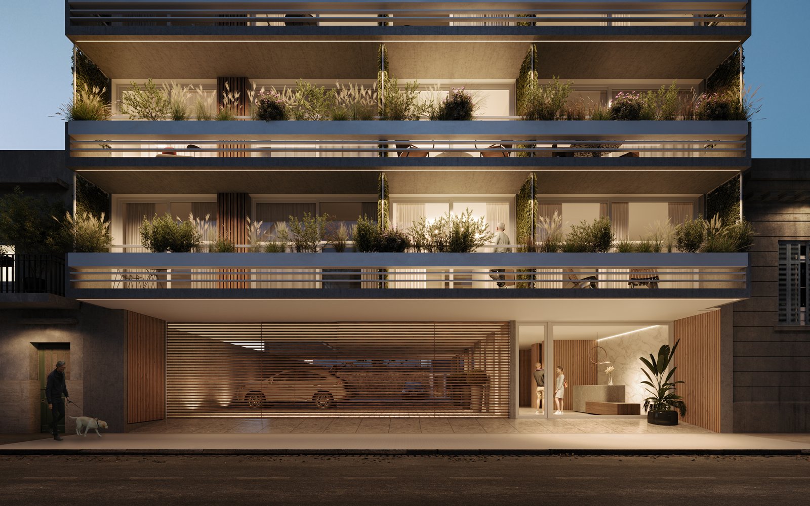 Fachada moderna de edificio de apartamentos con balcones y vegetación — proyecto Edificio Complejo Araoz-Scalabrini, por LW Lopez Wolder arquitectos, en Av. Raúl Scalabrini Ortiz 1