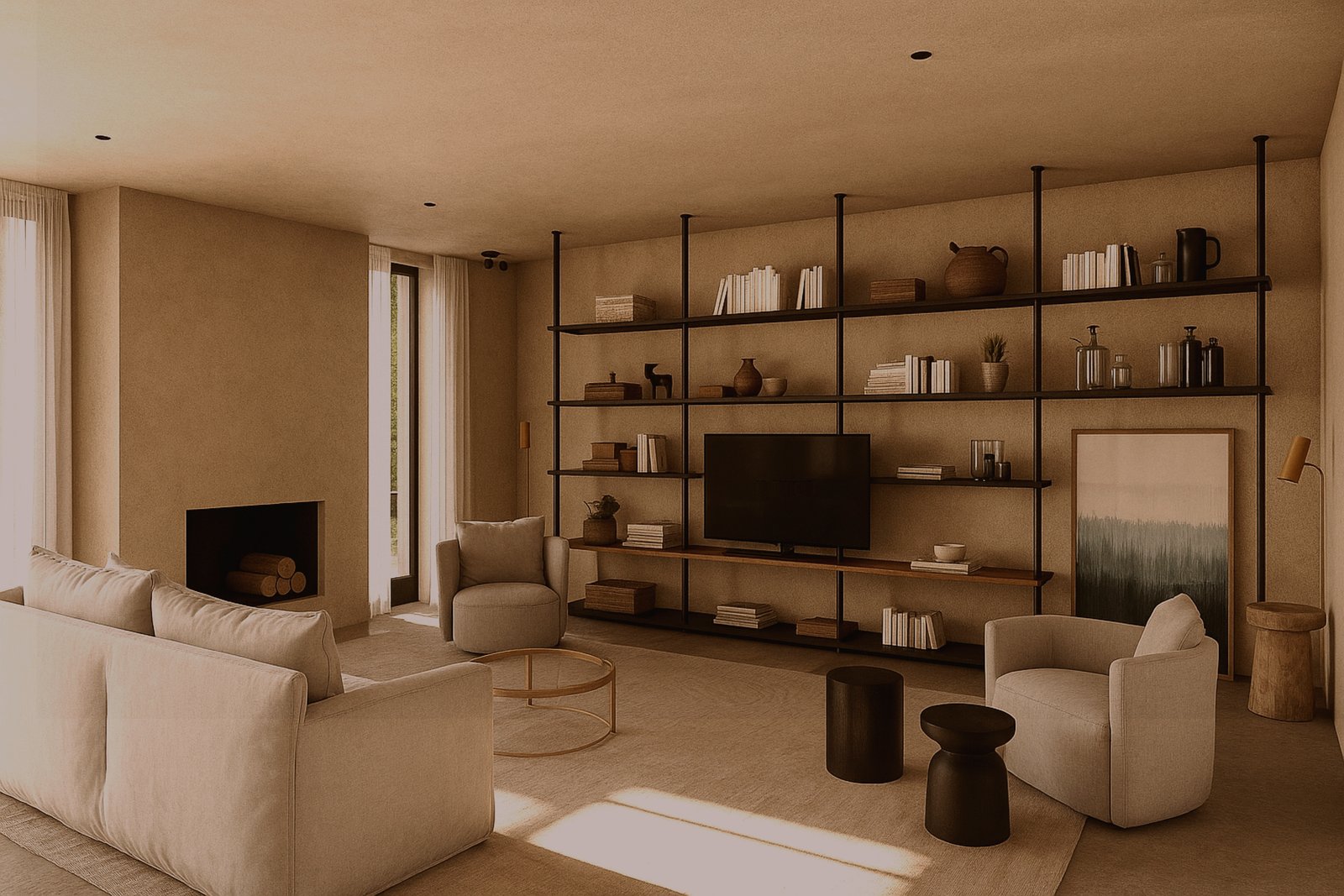 Living moderno y luminoso con estilo minimalista y tonos cálidos — proyecto Casa Sabi, por zuloagastudio, en Rincón de Milberg
