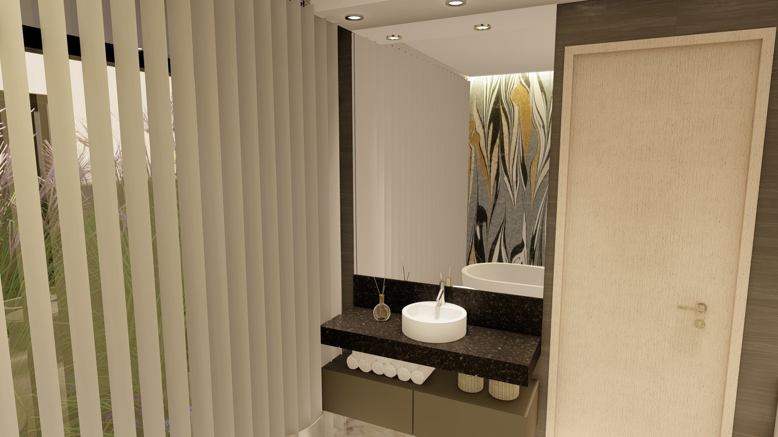 baño moderno con vanitory de madera oscura y pared texturizada — proyecto Casa FG , por L8A | interiorismo & arquitectura, en Simón Bolívar 237