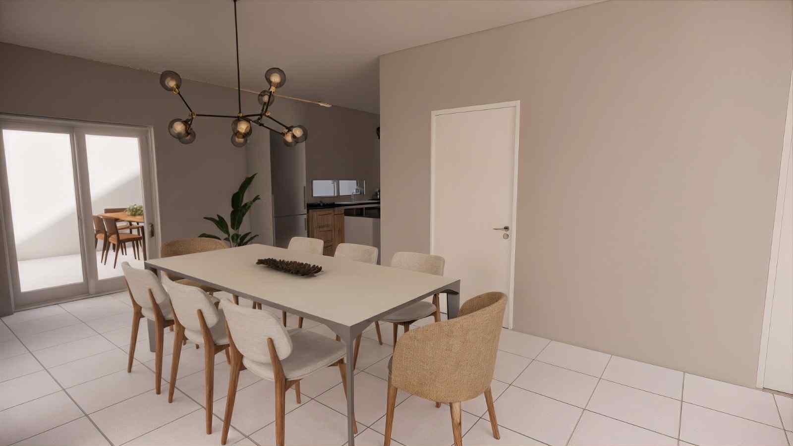 Comedor moderno con mesa de madera clara y sillas beige — proyecto Vivienda Unifamiliar, por Arquitecto Gustavo Maidana, en Corrientes