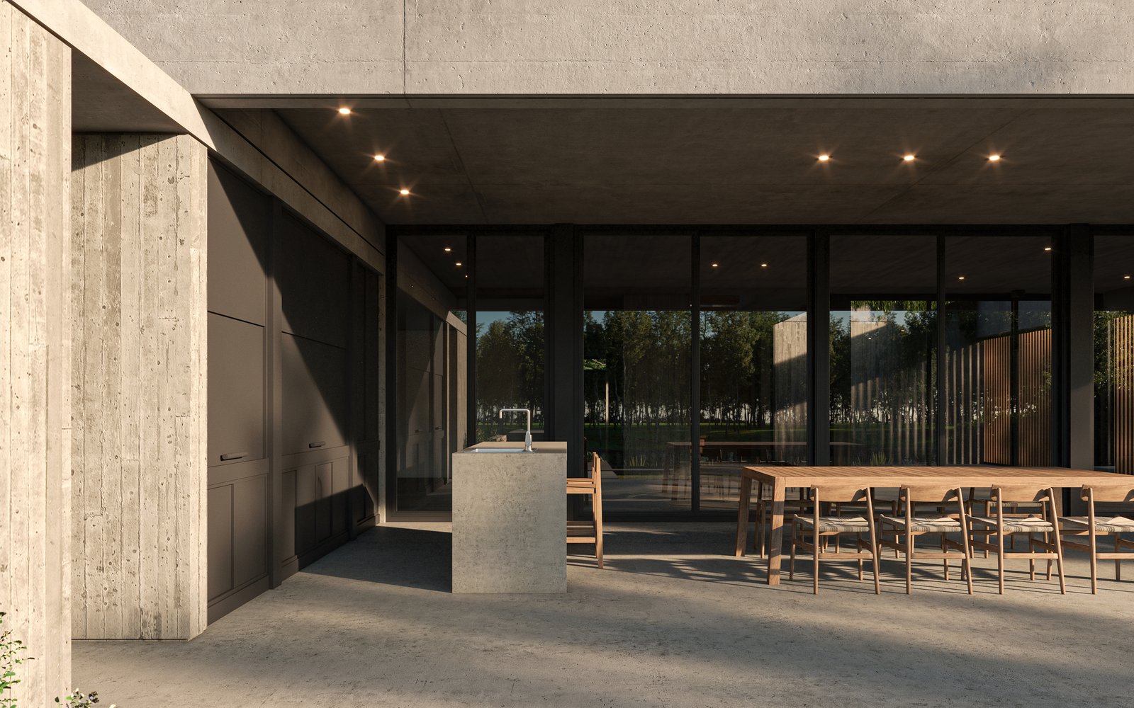 Pátio brutalista moderno com cozinha externa e sala de jantar de madeira — projeto Casa PUERTOS, por Grupo CRBN, em Provincia de Buenos Aires