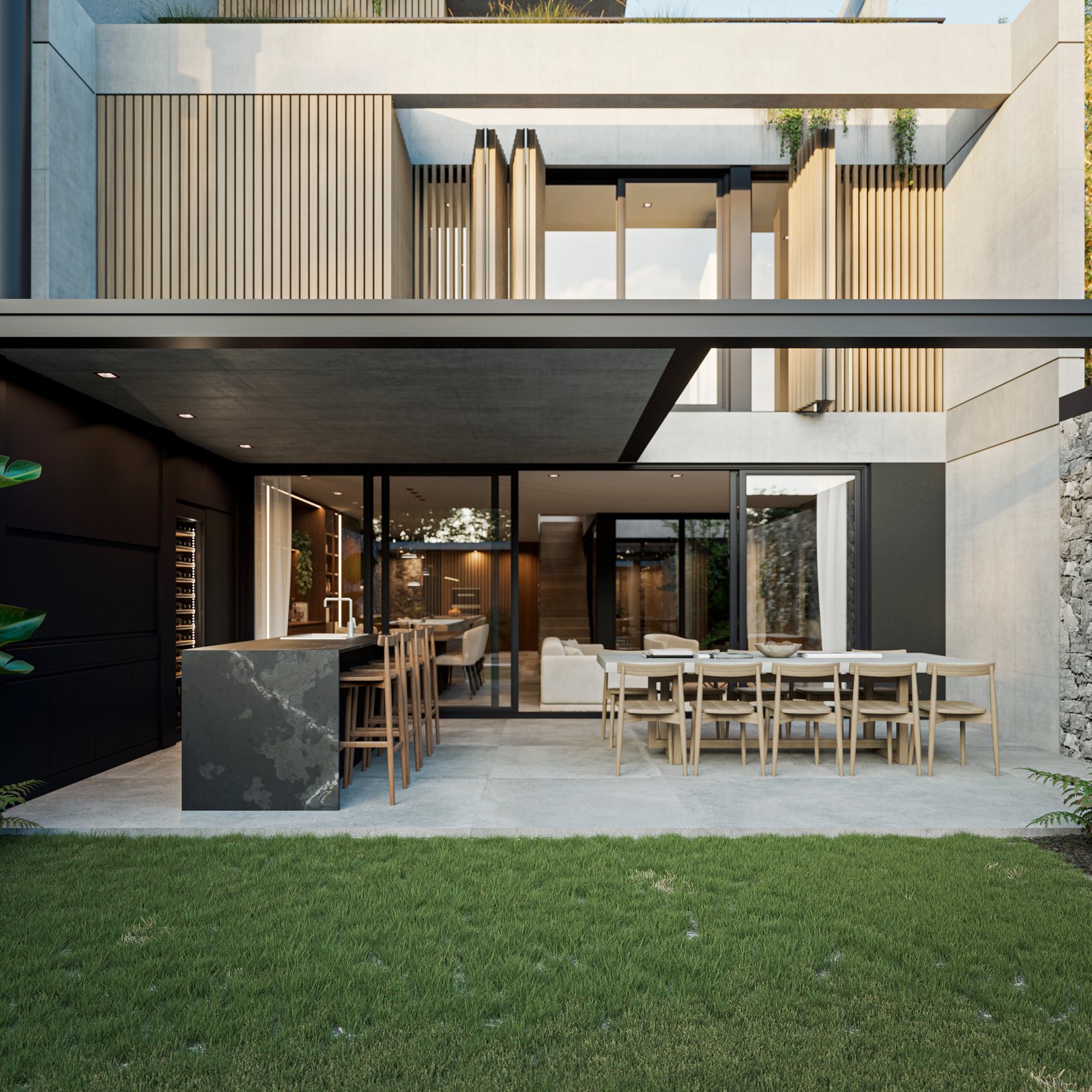 Área gourmet moderna com ilha de cozinha e mesa externa — projeto Casa IZA, por Grupo CRBN, em Villa Urquiza