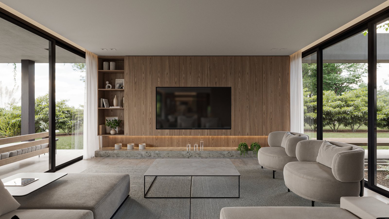 Living moderno con paneles de madera y sillones curvos — proyecto Casa CALMA, por Grupo CRBN, en Av. de los Lagos 100