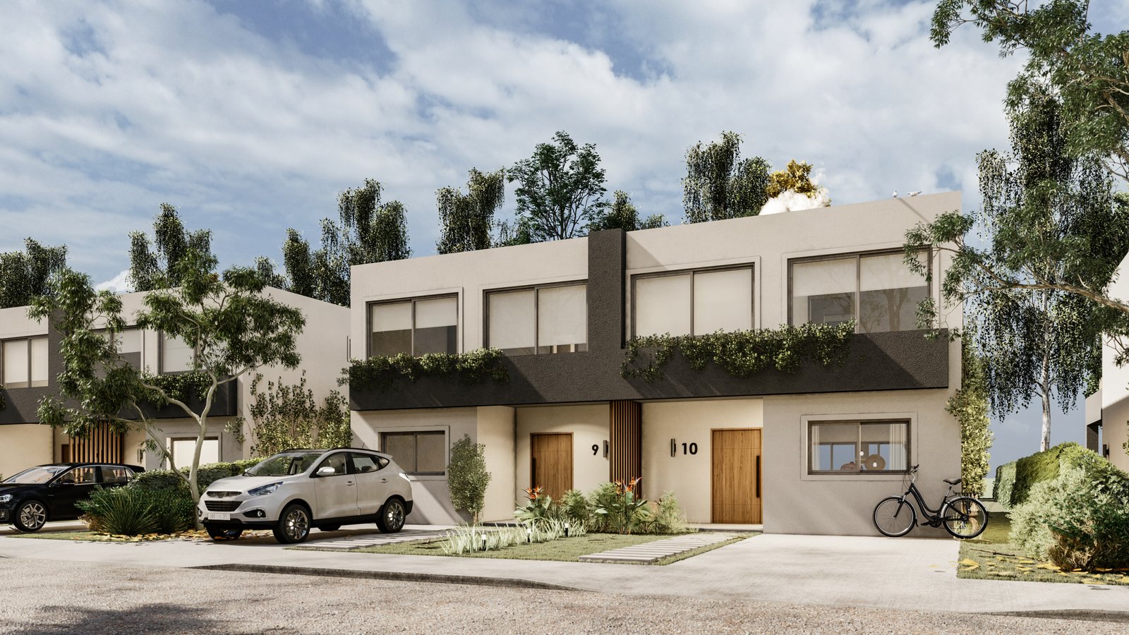 Fachada moderna de dois andares com detalhes em madeira e janelas amplas — projeto TownHouses TresPinos, por G5arquitectos, em Gral. Rodríguez