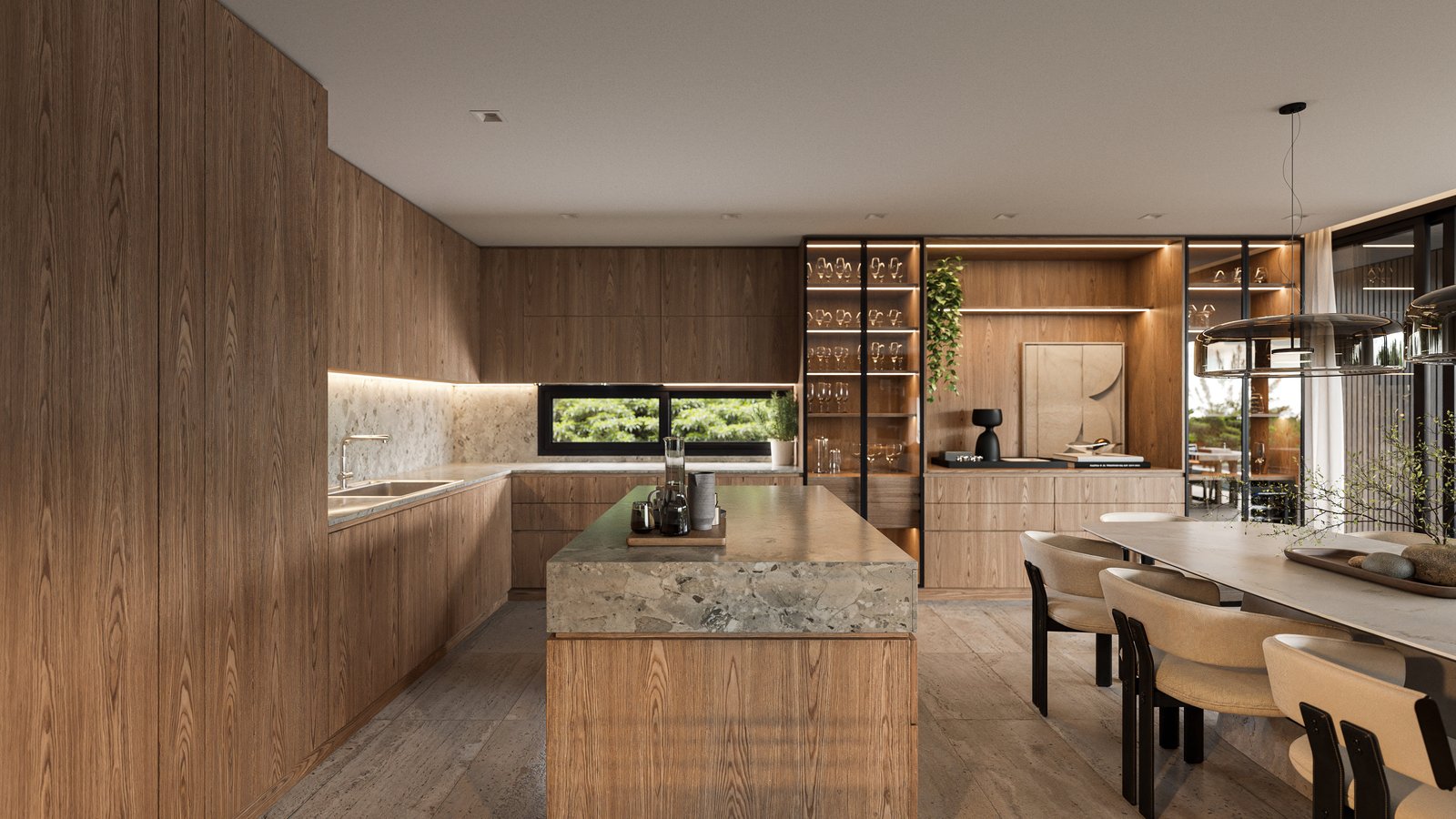 Cozinha e sala de jantar modernas com ilha de madeira e painéis — projeto Casa CALMA, por Grupo CRBN, em Av. de los Lagos 100