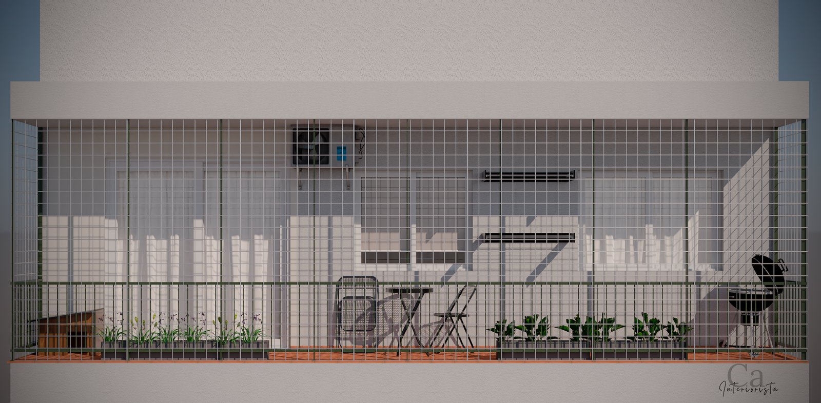 Balcón moderno con vista urbana y parrilla — proyecto Balcón lineal, por Carolina Interiorista, en Colegiales