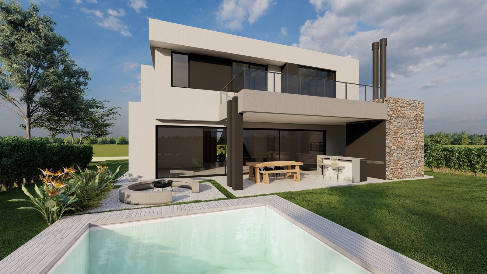 Casa moderna com piscina e área de churrasco — projeto CC 37, por CHERMAT, em AVZ